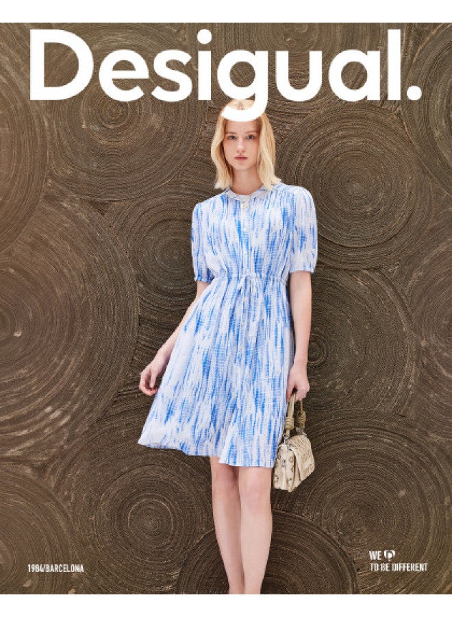 DESIGUAL waist-tied Belted Printed Silk Round-neck Puff-sleeve Dress - Image 1
