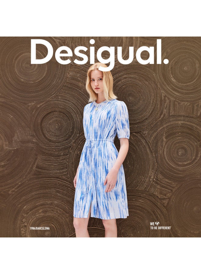 DESIGUAL waist-tied Belted Printed Silk Round-neck Puff-sleeve Dress - Image 3