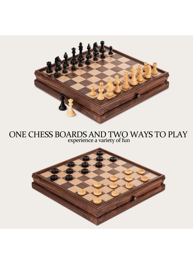 A&A 15 inch Walnut Wooden Chess Sets w/ Storage Drawer / Triple Weighted Chess Pieces - 3.0 inch King Height/ Walnut Box w/Walnut & Maple Inlay / 2 Extra Queen / Classic 2 in 1 Board Games - Image 3