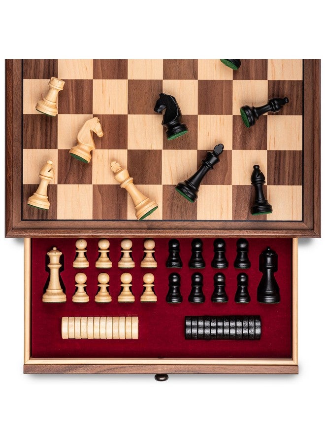 A&A 15 inch Walnut Wooden Chess Sets w/ Storage Drawer / Triple Weighted Chess Pieces - 3.0 inch King Height/ Walnut Box w/Walnut & Maple Inlay / 2 Extra Queen / Classic 2 in 1 Board Games - Image 1