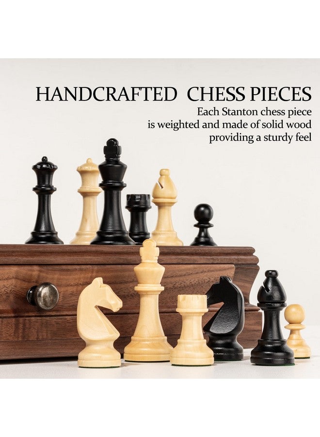 A&A 15 inch Walnut Wooden Chess Sets w/ Storage Drawer / Triple Weighted Chess Pieces - 3.0 inch King Height/ Walnut Box w/Walnut & Maple Inlay / 2 Extra Queen / Classic 2 in 1 Board Games - Image 2