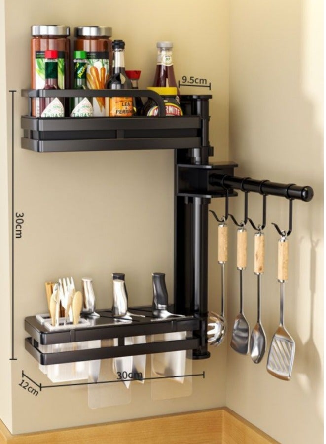 XiuWoo Multifunctional No-Punch Wall Mounted Corner Rotating Ktichen Storage Rack Organizer with Hooks and Knife Holder Storage  - Image 1