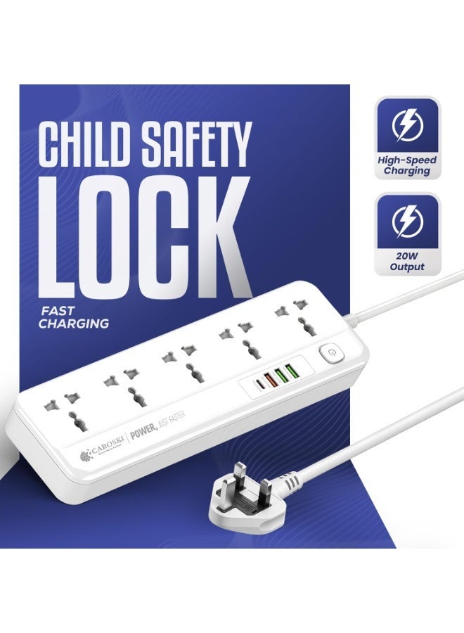 كاروسكي سلك تمديد طاقة بخمسة منافذ تيار متردد وأربعة منافذ USB للشحن السريع مع ضمان لمدة عام، وكابل تمديد بطول 2 متر وشريط طاقة للحماية من زيادة التيار (سلك تمديد بخمسة منافذ تيار متردد) - Image 5