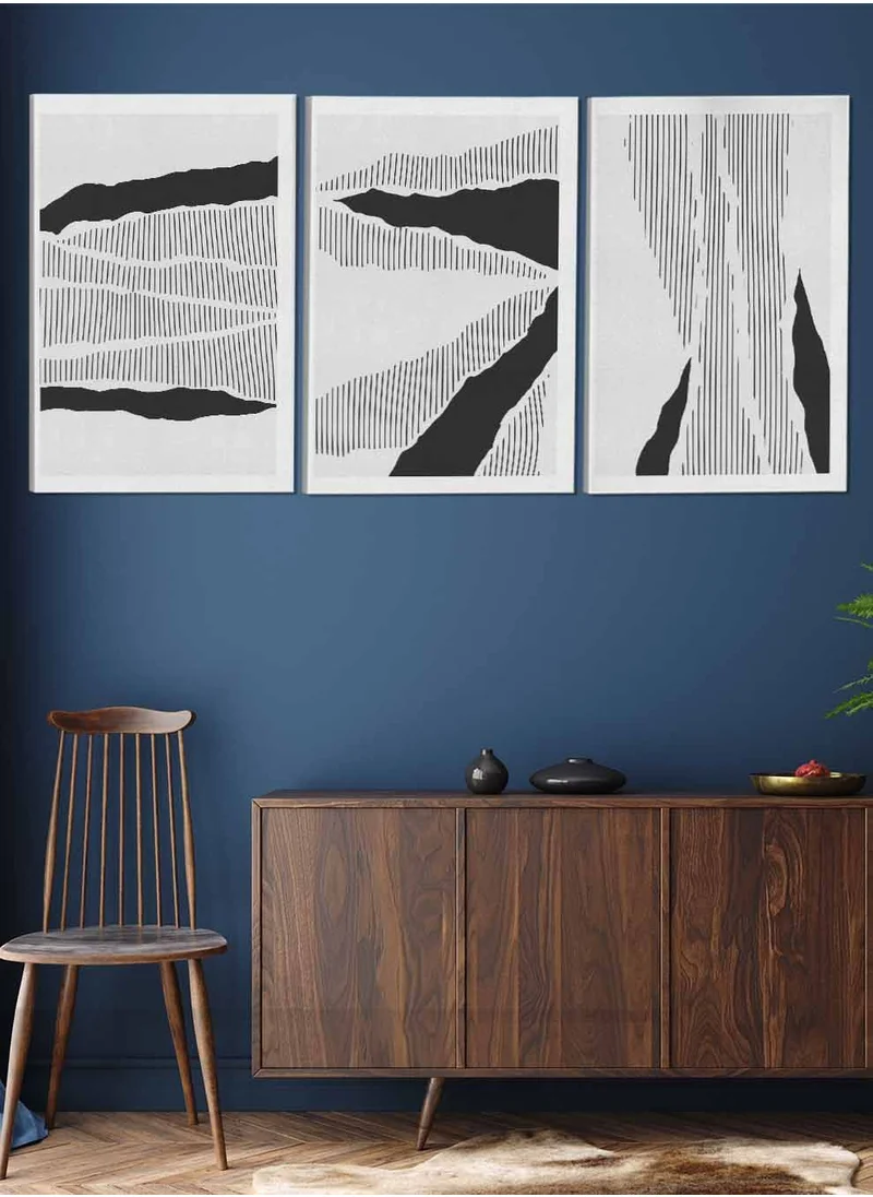 LOWHA Set Of 3 Canvas Wall Arts Stretched Over Wooden Frame Lines Abstract Paintings