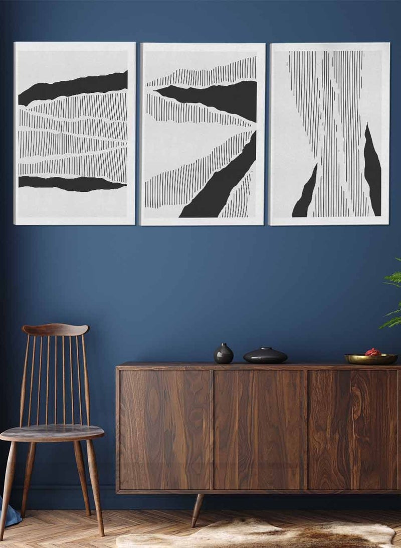 لوحة طقم من ٣ لوحات كانفاس على إطار خشبي بتصميم خطوط تجريدية - Image 2