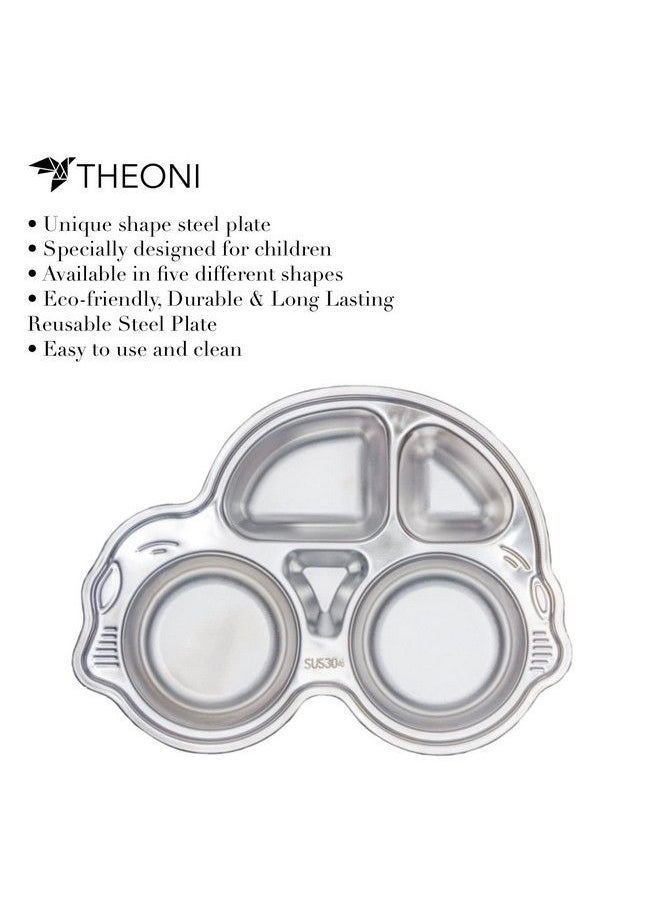 THEONI - Stainless Steel Divided Meal Plate Tray 4 Compartments Dinner Dish For Babytoddlerkids Feeding Set Car Shapebpa Free Safe Fun Non Toxic Heavy Duty - Image 1