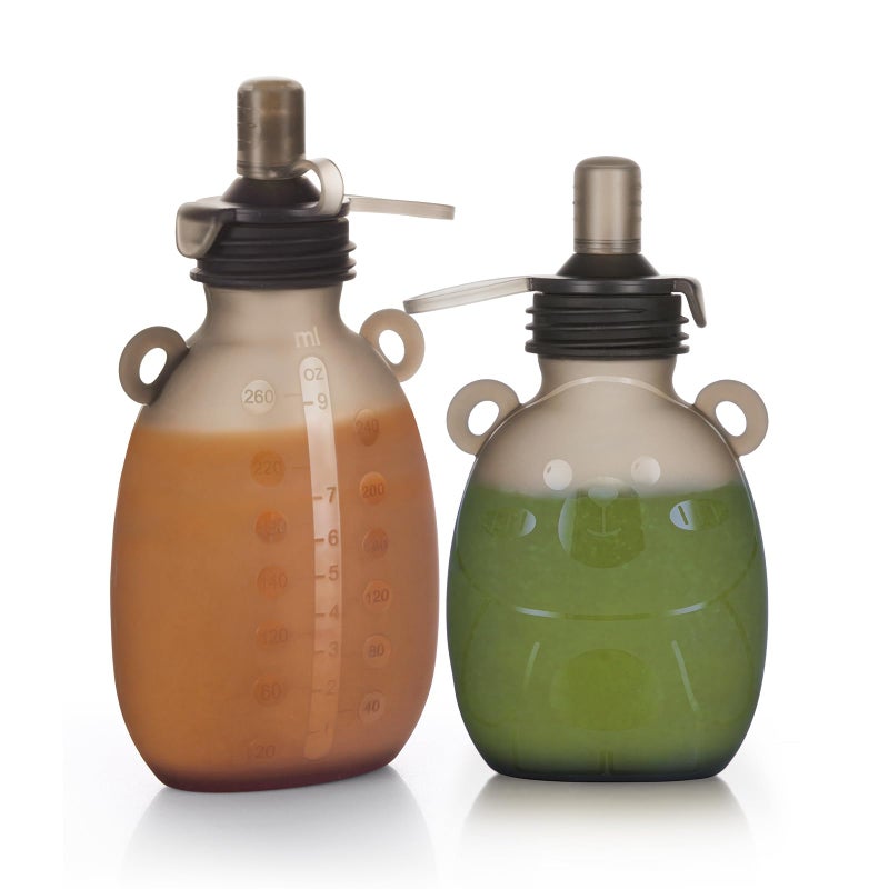 haakaa Happii Bear Silicone Goody Pouch Combo, Reusable Baby Food Pouches for Homemade Organic Purees, Juices, Smoothies, and Yogurt - Perfect for Toddlers and Kids - 2 Pack, 6oz+9oz - Image 1