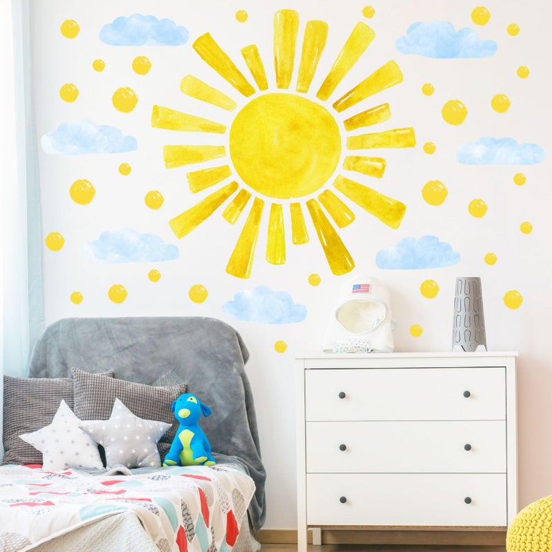 Eutecado Large Sun Wall Decals Cloud Polka Dots Wall Stickers for Girls Room  12 Sheets Watercolor Sun Wall Decor Stickers Cute Cloud Wallpaper Delicate Wall Decorations for Kids Room Bedroom - Image 3