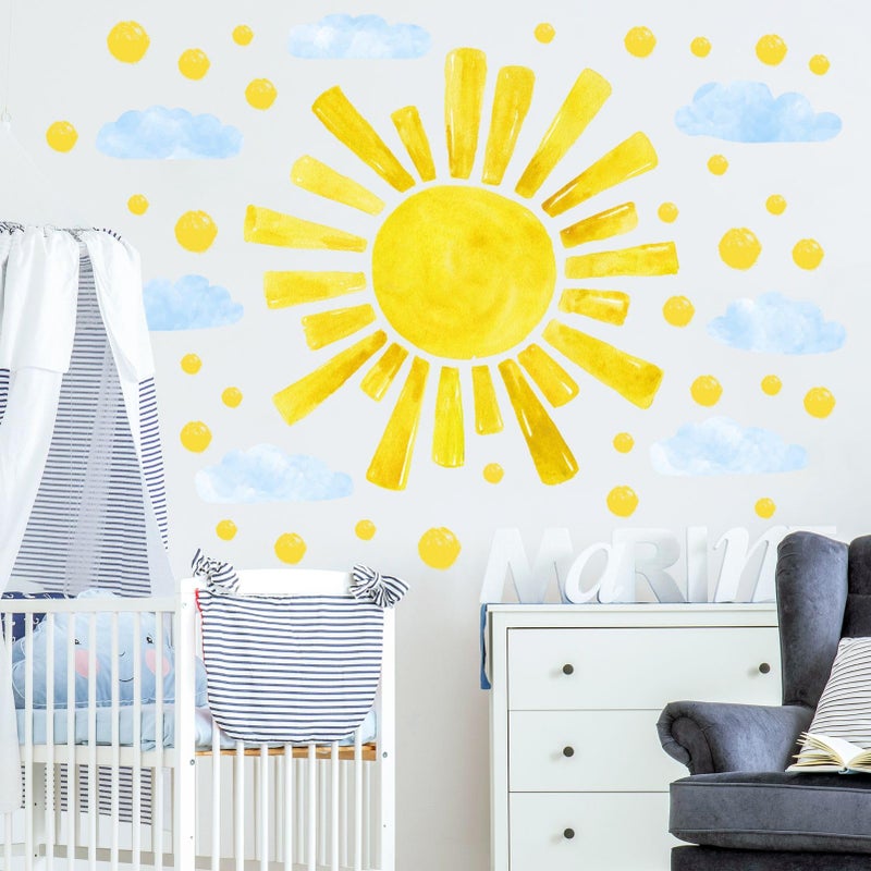 Eutecado Large Sun Wall Decals Cloud Polka Dots Wall Stickers for Girls Room  12 Sheets Watercolor Sun Wall Decor Stickers Cute Cloud Wallpaper Delicate Wall Decorations for Kids Room Bedroom - Image 5