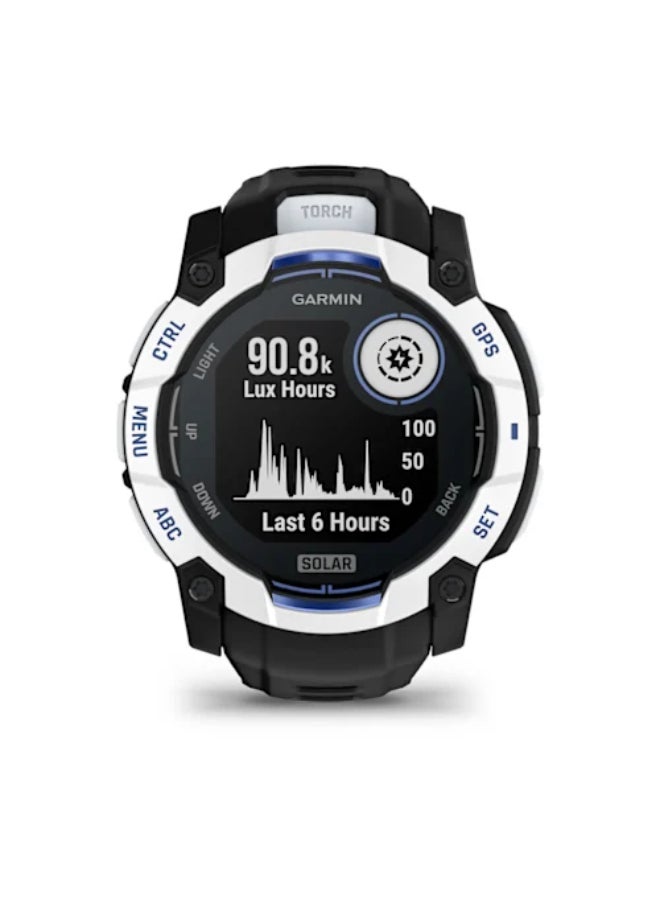 GARMIN Instinct  3 –50  mm, Whitestone with Black/Bolt Blue Silicone Band | Solar Smartwatch with Unlimited Battery Life | Rugged Design, Built-in Flaslight, Smart Notification black - Image 2