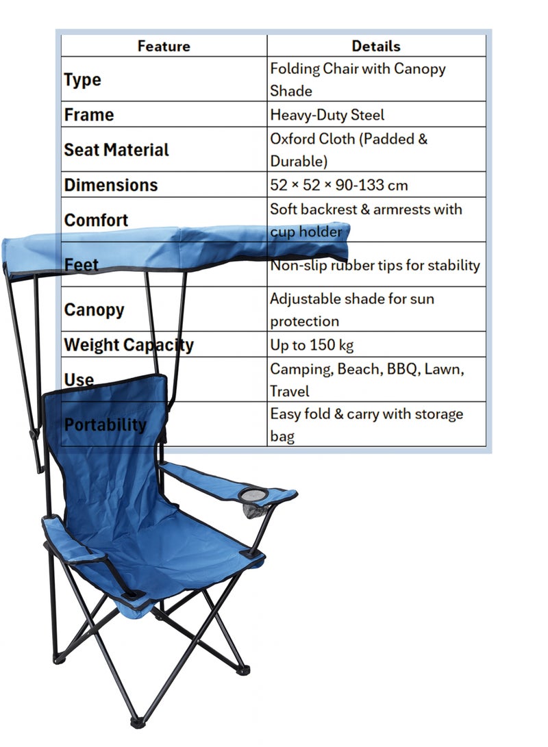DBLEW كرسي قابل للطي محمول مع مظلة ظل إطار فولاذي ثقيل، مقعد وظهر مبطن من قماش أوكسفورد، أقدام غير قابلة للانزلاق، كرسي خارجي قابل للطي للتخييم، الشاطئ، الحديقة والسفر - Image 3