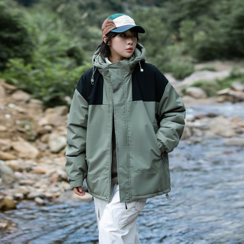 Popular Cotton-Padded Clothes For Couples Winter Color Matching Casual Waterproof Removable Hooded Graphene Thermal Storage Lock Warm Coat - Image 1