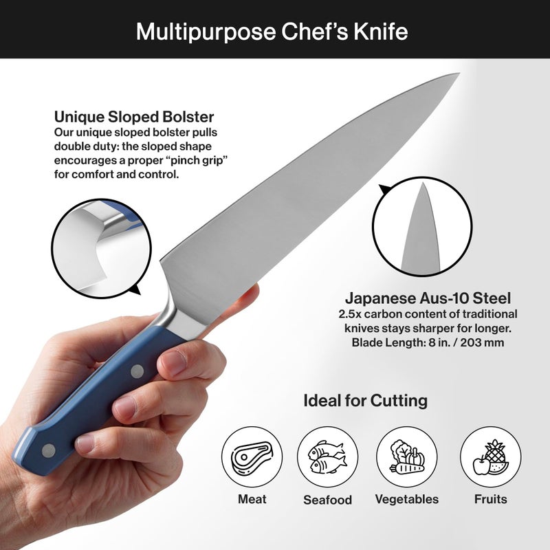 Misen Ultimate 8 Inch Chef's Knife - Pro Kitchen Knife - High Carbon Japanese Stainless Steel - Hybrid German and Japanese style blade - Craftsmanship for Culinary Enthusiasts, 8 in - Blue - Image 4