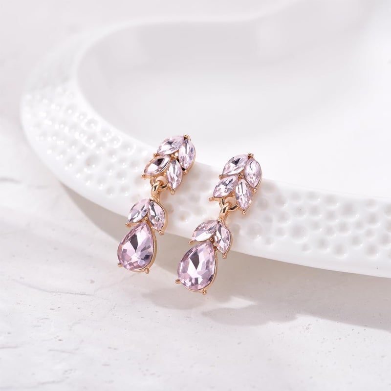 WanBigVa Light Pink Rhinestone Teardrop Dangle Earrings Cute Elegant Crystal Bridal Wedding Earrings for Women Party Prom Dainty Jewelry - Image 5