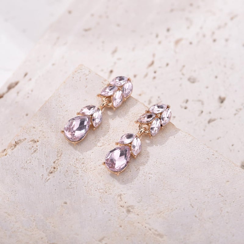 WanBigVa Light Pink Rhinestone Teardrop Dangle Earrings Cute Elegant Crystal Bridal Wedding Earrings for Women Party Prom Dainty Jewelry - Image 3