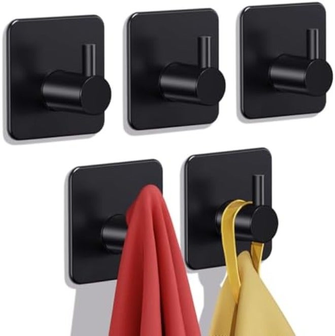 Auxmir Adhesive Hooks Heavy Duty 22lb(Max) Towel Hooks for Shower, 5 Pack Self Adhesive Damage Free Wall Hooks, Stainless Steel for Coat Robe, Waterproof Oilproof Rustproof for Bathroom Kitchen Office - Image 1