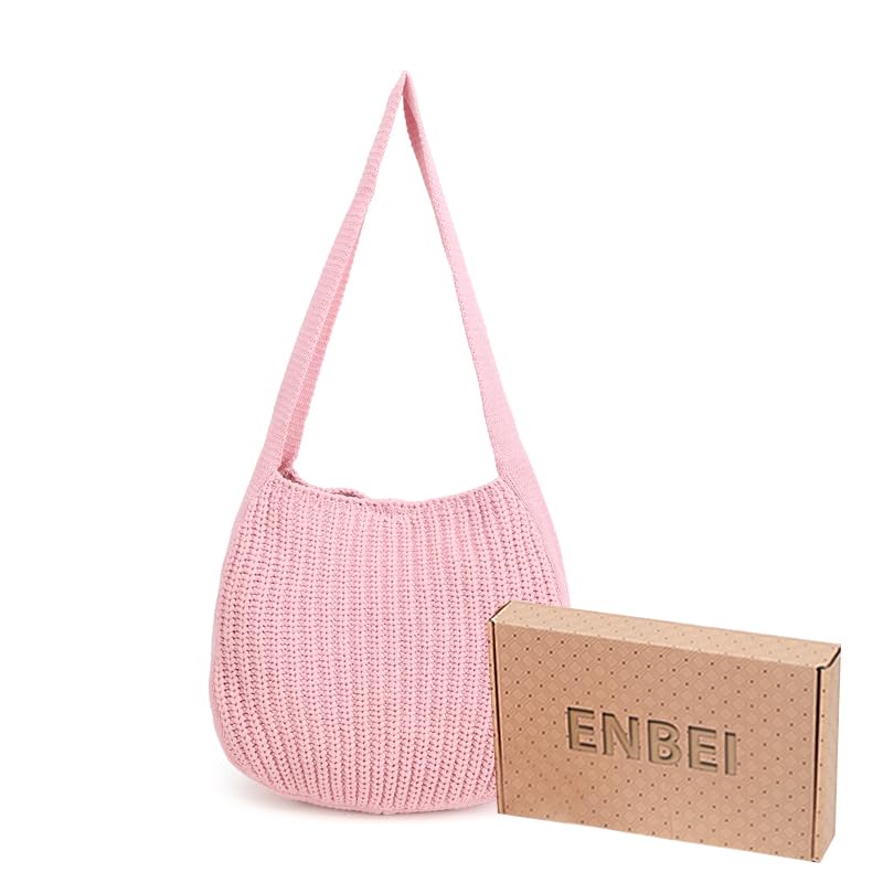 ENBEI Women's Handcrafted Crochet Tote Bag Knit Shoulder bag,All-Season Handwoven Beach Bag, Cute Eco-Friendly Handmade Tote for Shopping, Travel, Daily Use, Gift Box Packaging (Pink) - Image 3