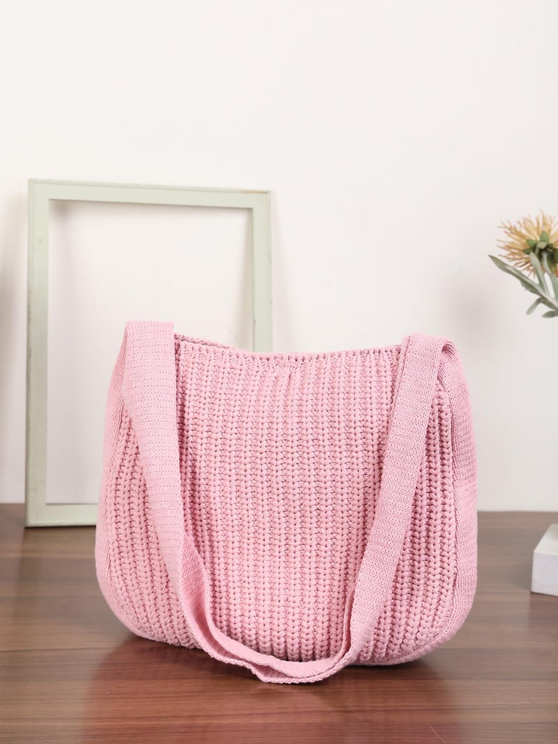 ENBEI Women's Handcrafted Crochet Tote Bag Knit Shoulder bag,All-Season Handwoven Beach Bag, Cute Eco-Friendly Handmade Tote for Shopping, Travel, Daily Use, Gift Box Packaging (Pink) - Image 4