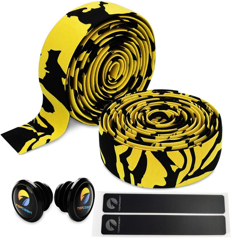 TOPCABIN Camouflage Series Comfort GEL Road Bike Handlebar Tape Bike Bar Tape with Reflective Bar Plugs (Yellow (a pair)) - Image 1