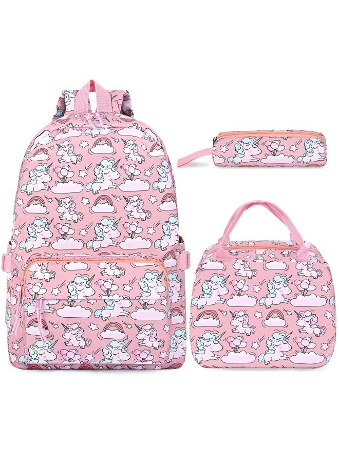 GGEROU Unicorn School Bag Backpack for Girls Boys, 3Pcs Large Schoolbag Book Bag Rucksack Backpack for School with Lunch Bag and Pencil Case for Students Teenagers Kids, Pink  - Image 1