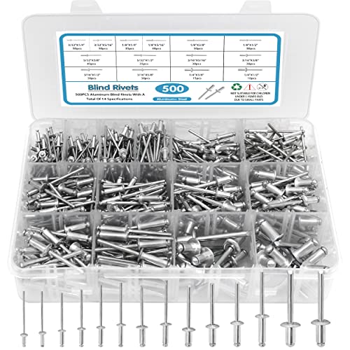 SATANTECH 500pcs Pop Rivets Assortment Kit,14 SAE Sizes Aluminum Rivets (3/32" 1/8" 5/32" 3/16" 1/4"), Assorted Blind Rivets with Reinfored Divider & Labeled Case - Image 1