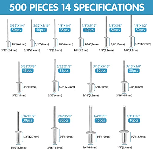 SATANTECH 500pcs Pop Rivets Assortment Kit,14 SAE Sizes Aluminum Rivets (3/32" 1/8" 5/32" 3/16" 1/4"), Assorted Blind Rivets with Reinfored Divider & Labeled Case - Image 4