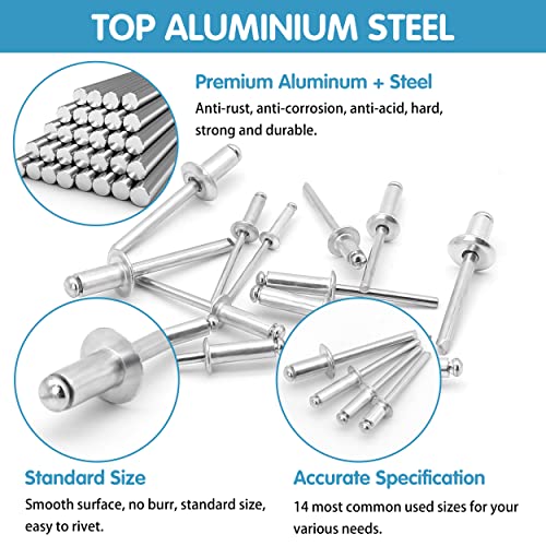 SATANTECH 500pcs Pop Rivets Assortment Kit,14 SAE Sizes Aluminum Rivets (3/32" 1/8" 5/32" 3/16" 1/4"), Assorted Blind Rivets with Reinfored Divider & Labeled Case - Image 2