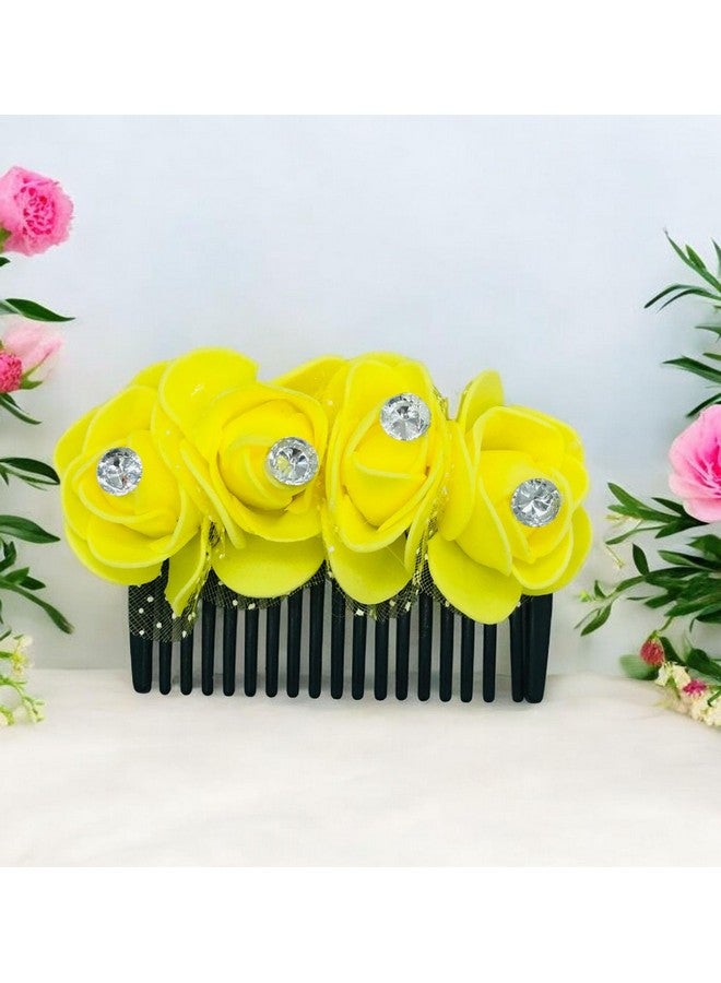 AROOMAN Artificial flower Fancy Juda Comb clip/Bun Comb Hair Flower Comb for Wedding and Parties Use for Women (Yellow Color Pack :-1) - Image 2