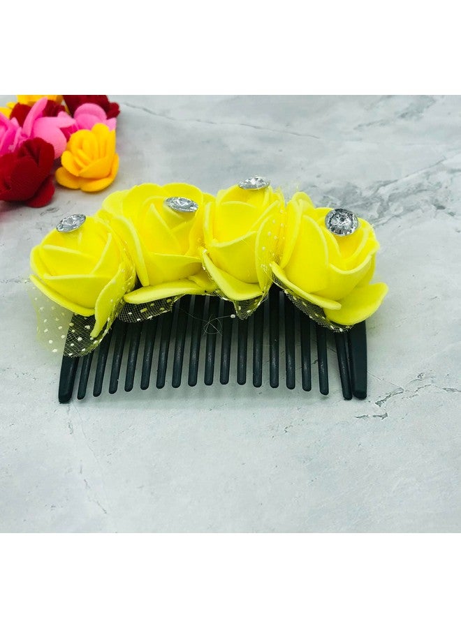 AROOMAN Artificial flower Fancy Juda Comb clip/Bun Comb Hair Flower Comb for Wedding and Parties Use for Women (Yellow Color Pack :-1) - Image 3