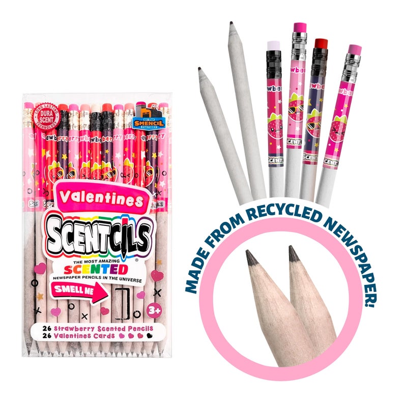 Scentco Valentines Scentcils â€“ Patented Strawberry Scented HB #2 Pencils, 26 Ct, Made from Recycled Newspapers, with Valentines Cards â€“ Gifts for Kids & School Supplies - Image 2