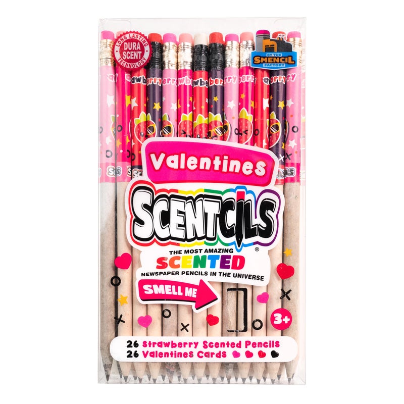 Scentco Valentines Scentcils â€“ Patented Strawberry Scented HB #2 Pencils, 26 Ct, Made from Recycled Newspapers, with Valentines Cards â€“ Gifts for Kids & School Supplies - Image 1