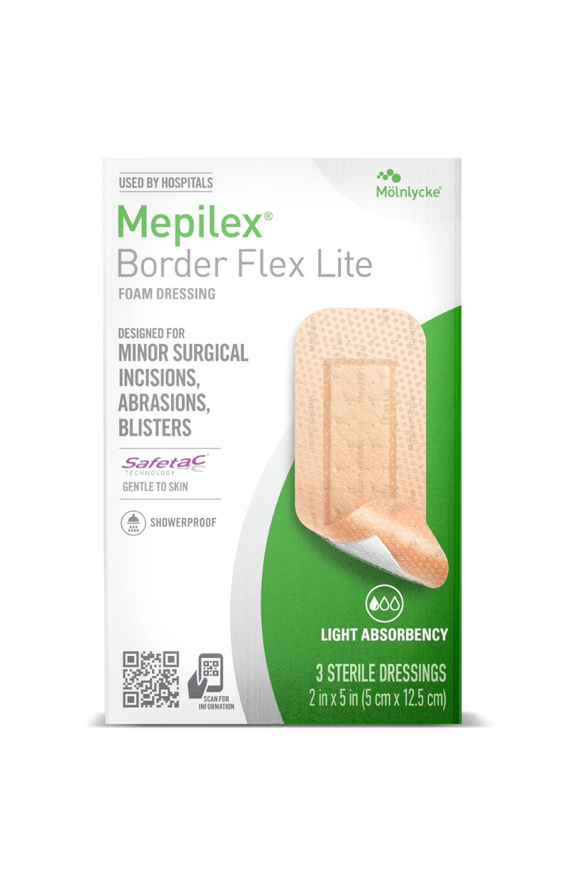 Mepilex ميبيليكس بورد فليكس لايت 2 × 5 بوصة (5 × 12.5 سم) ضمادات من الدرجة الطبية للجروح الجراحية الطفيفة، الخدوش والبثور للاستخدام لعدة أيام - Image 1