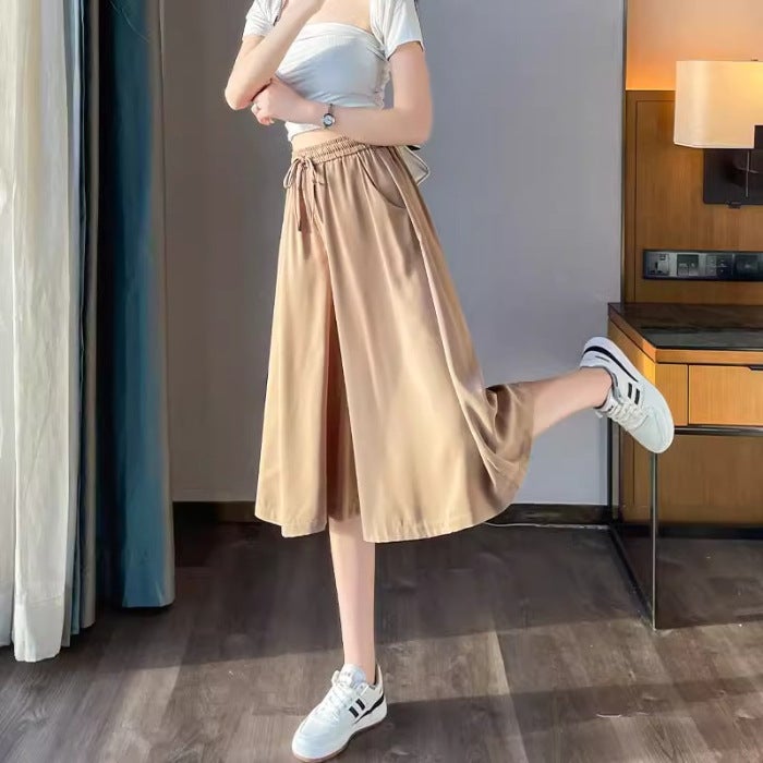Pregnant Womens Ice Silk Capri Pants Summer Thin Abdomen-free New Style Small plus size chubby girl Wide Leg Pants Casual Pants Skirt brown [high waist without abdominal support]] 