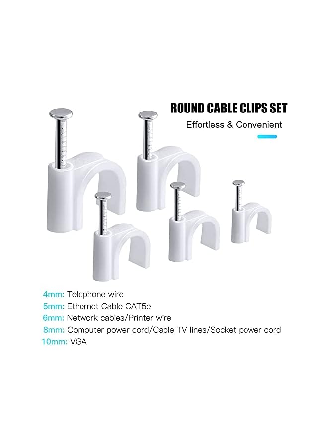 PROMASS Pcs Round Cable Clips, Cable Management 5 Sizes - 4mm 5mm 6mm 8mm 10mm, Cable Nail Clips Electrical Cable Wall Clips for Wire Ethernet Cable, Telephone Cable, TV Wire, White - Image 3