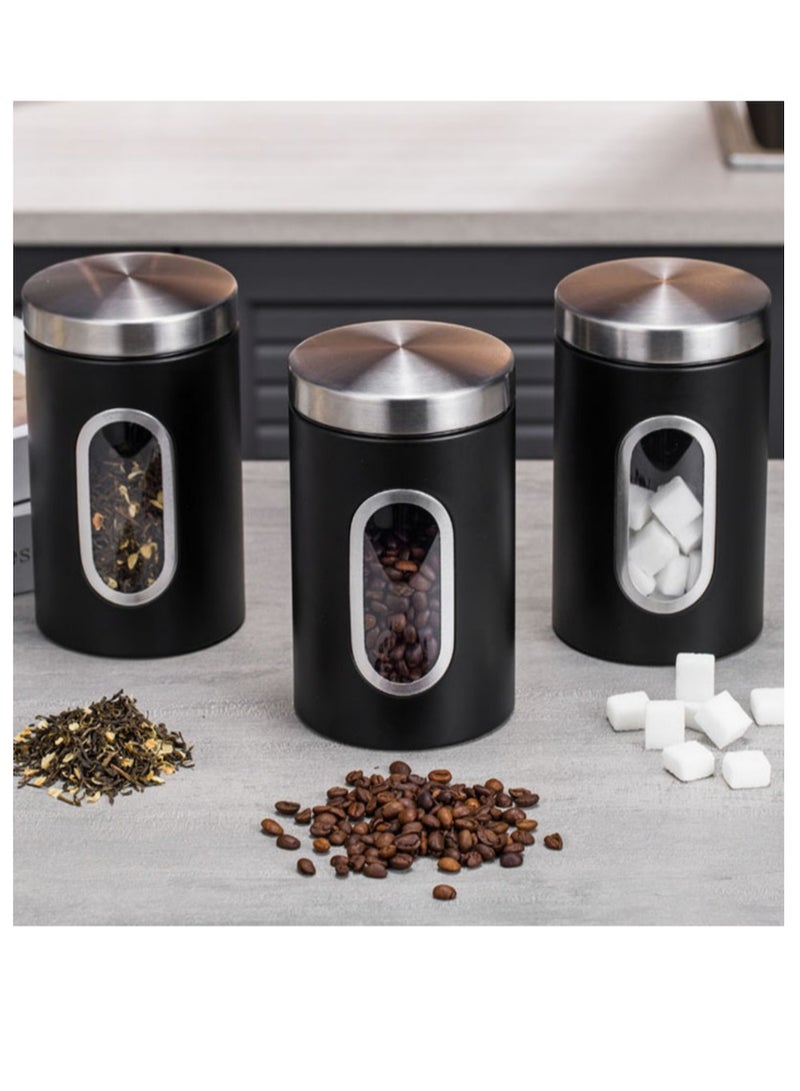 ياسمينةارا مرطبان تخزين طعام من الفولاذ المقاوم للصدأ مع نافذة مرئية، علبة قهوة 1200 مل، حاوية تخزين للمطبخ لحبوب القهوة والشاي والسكر والتوابل والدقيق والحبوب، علبة لحفظ الطعام طازجًا، لون أسود - Image 1