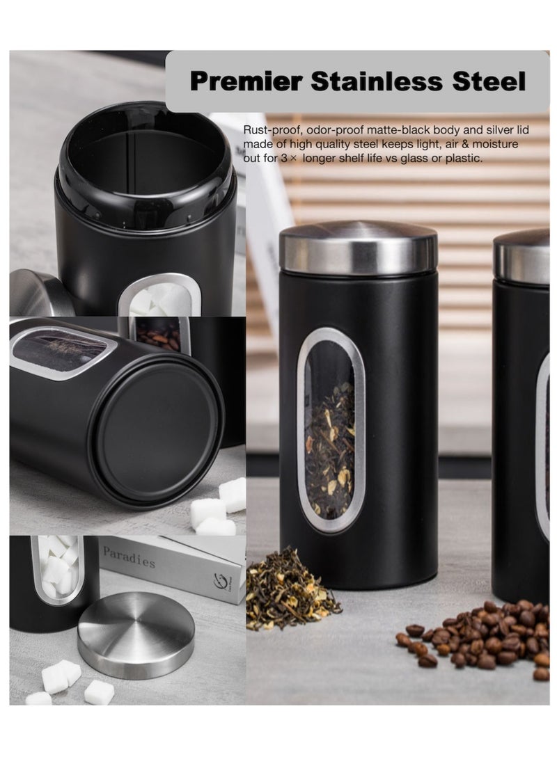 ياسمينةارا مرطبان تخزين طعام من الفولاذ المقاوم للصدأ مع نافذة مرئية، علبة قهوة 1200 مل، حاوية تخزين للمطبخ لحبوب القهوة والشاي والسكر والتوابل والدقيق والحبوب، علبة لحفظ الطعام طازجًا، لون أسود - Image 2