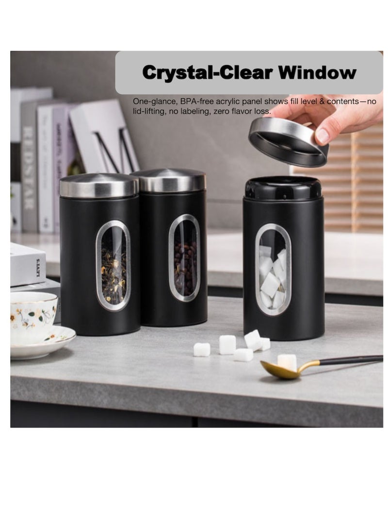 ياسمينةارا مرطبان تخزين طعام من الفولاذ المقاوم للصدأ مع نافذة مرئية، علبة قهوة 1200 مل، حاوية تخزين للمطبخ لحبوب القهوة والشاي والسكر والتوابل والدقيق والحبوب، علبة لحفظ الطعام طازجًا، لون أسود - Image 3