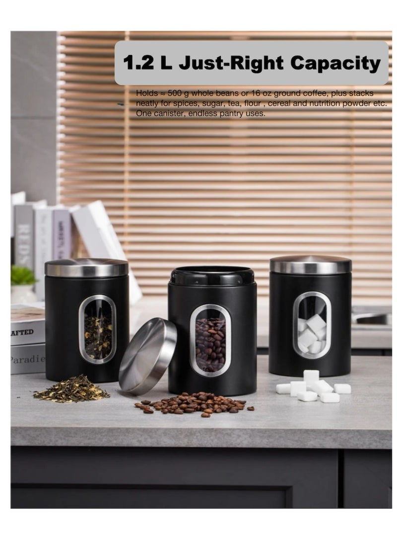 ياسمينةارا مرطبان تخزين طعام من الفولاذ المقاوم للصدأ مع نافذة مرئية، علبة قهوة 1200 مل، حاوية تخزين للمطبخ لحبوب القهوة والشاي والسكر والتوابل والدقيق والحبوب، علبة لحفظ الطعام طازجًا، لون أسود - Image 4