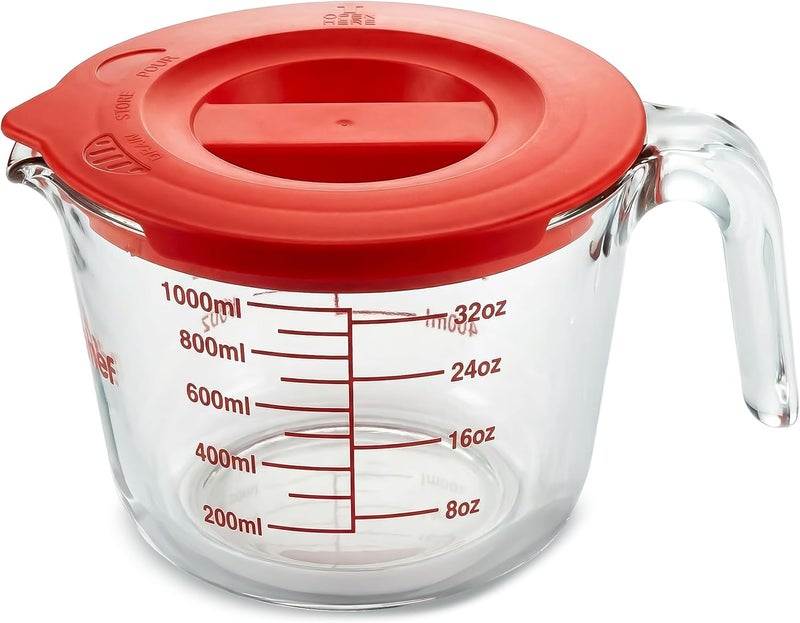 NutriChef 4 Cups Glass Measuring Cup with Lid (34 oz) - Heat-Resistant Borosilicate Liquid Measure Cup with Easy-Read Scale for Cooking, Baking and Food Storage, Dishwasher and Freezer Safe - Image 1