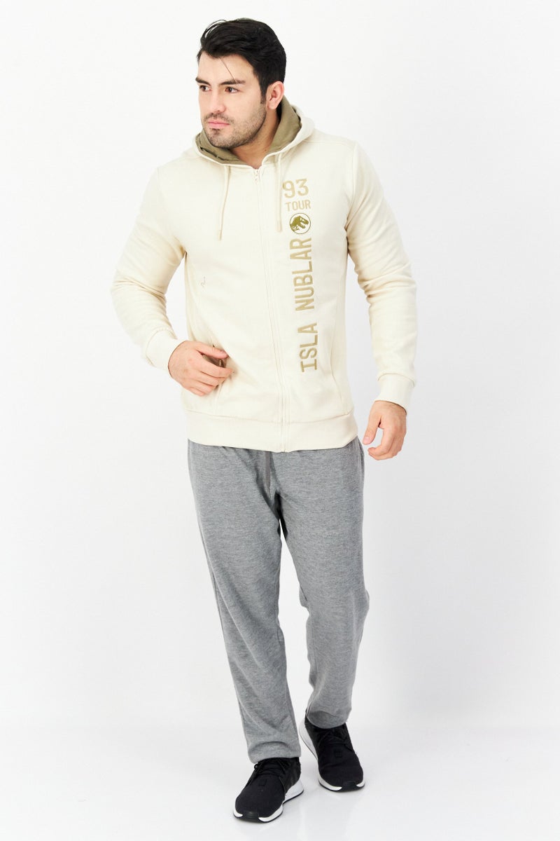 DIFUZED Men Hooded Long Sleeve Embroidered Sweatshirt, Beige - Image 3