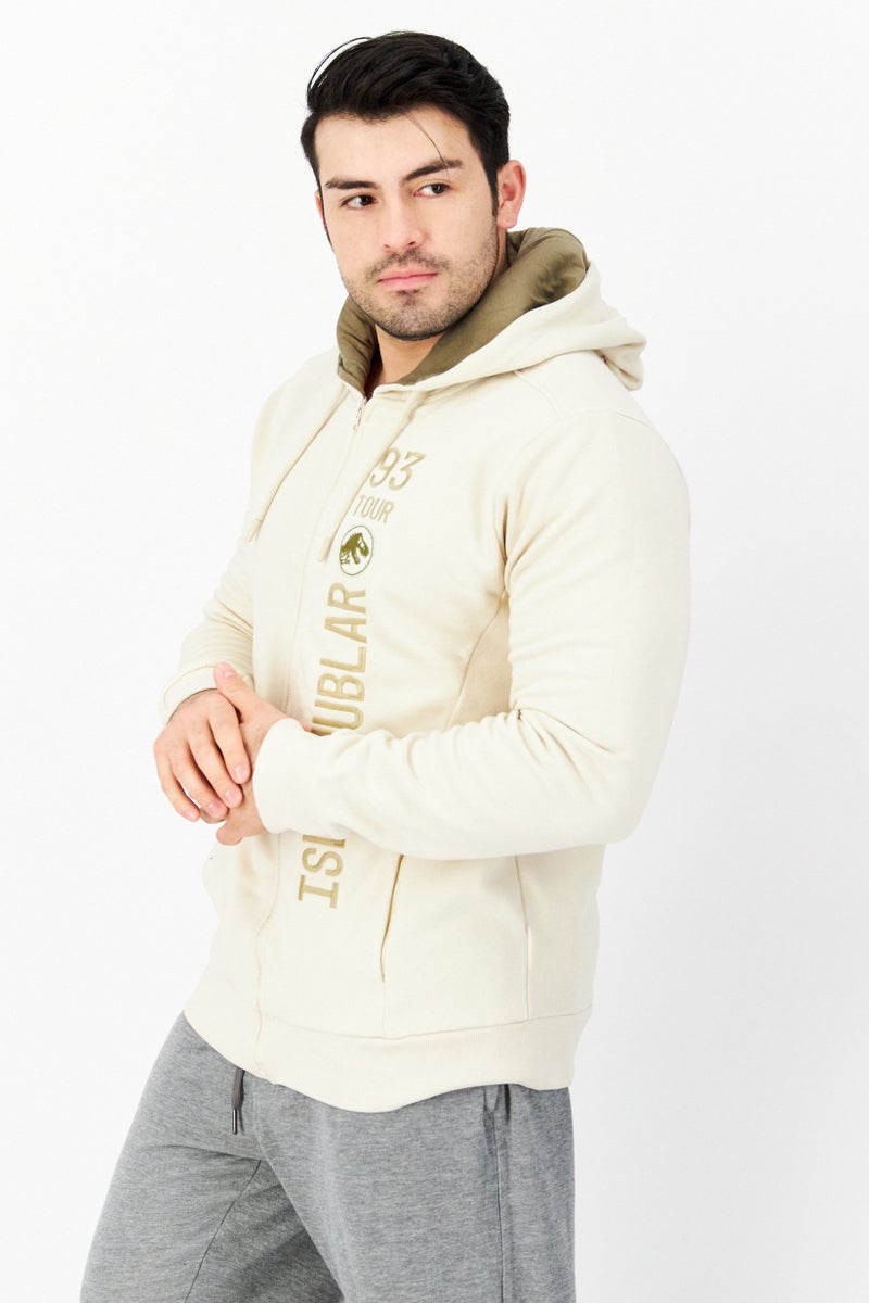 DIFUZED Men Hooded Long Sleeve Embroidered Sweatshirt, Beige - Image 4