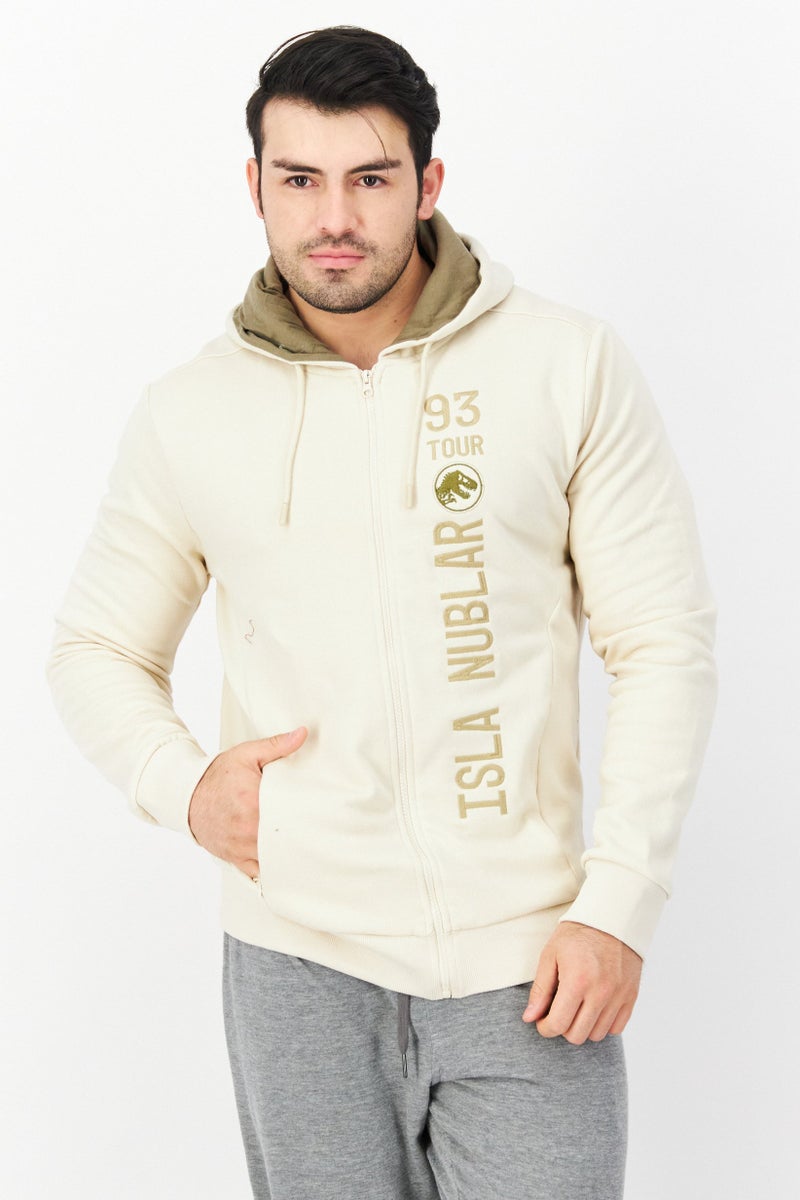 DIFUZED Men Hooded Long Sleeve Embroidered Sweatshirt, Beige - Image 1
