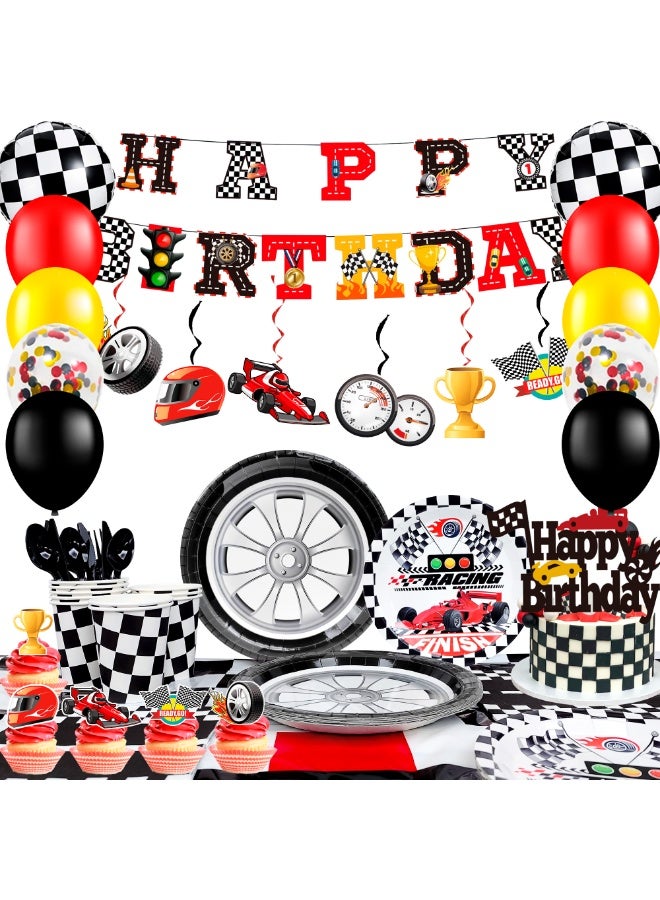 FRUITFUL PARTY Race Car Birthday Decorations for 10 Guests, 117pcs Cars Party  Disposable Tableware Set for Race Car Birthday Decoration Supplies - Image 1