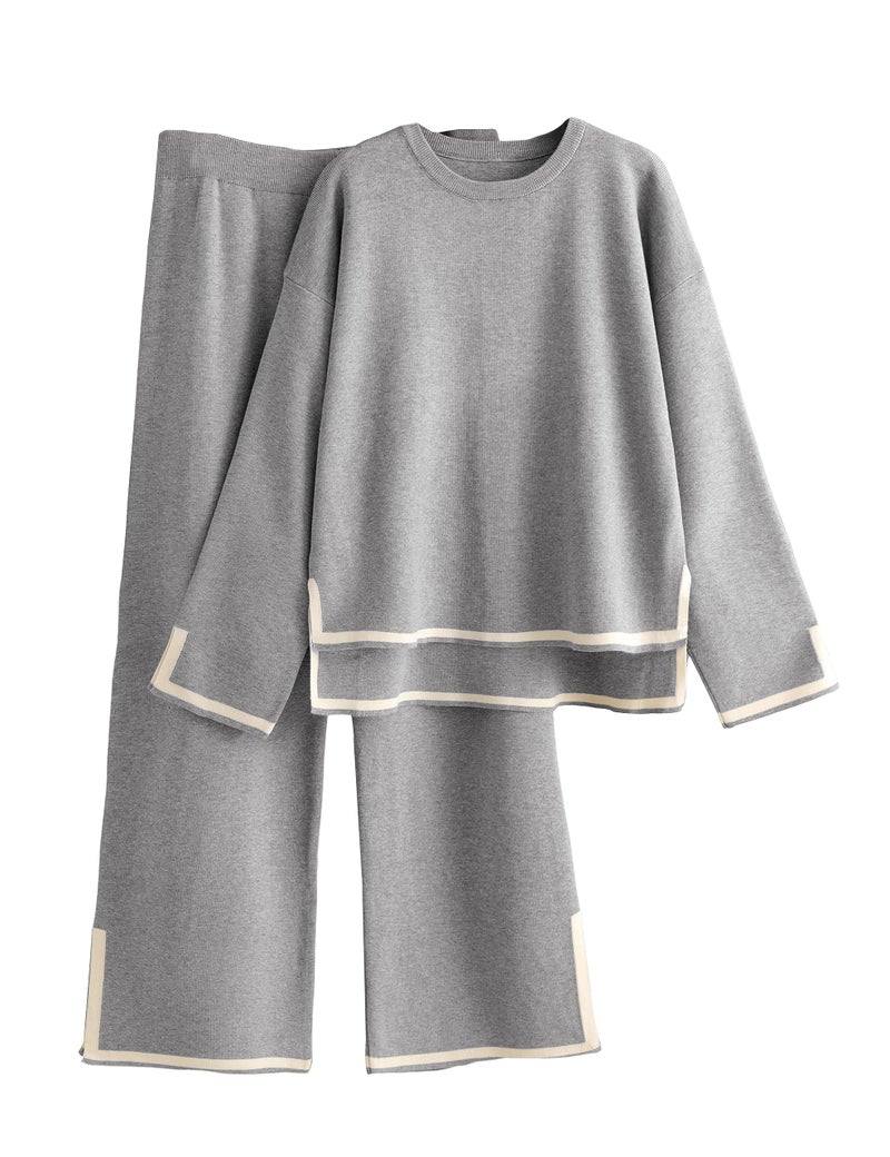 Tanming Women's 2 Piece Outfits Long Sleeve Knit Sweater Top Wide Leg Pants Lounge Sets Tracksuits (Grey, Small) - Image 1