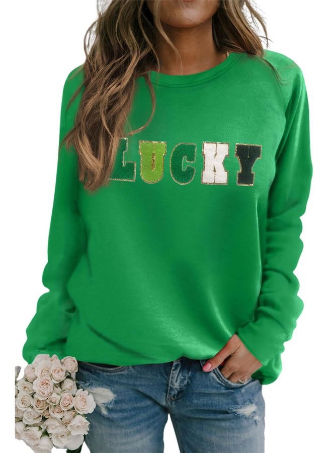 Ecosunny Women's Casual Holiday Mardi Gras Sweatshirt Sequin Print Round Neck Long Sleeve Loose Pullover Tops, St. Patrick-green, L - Image 1