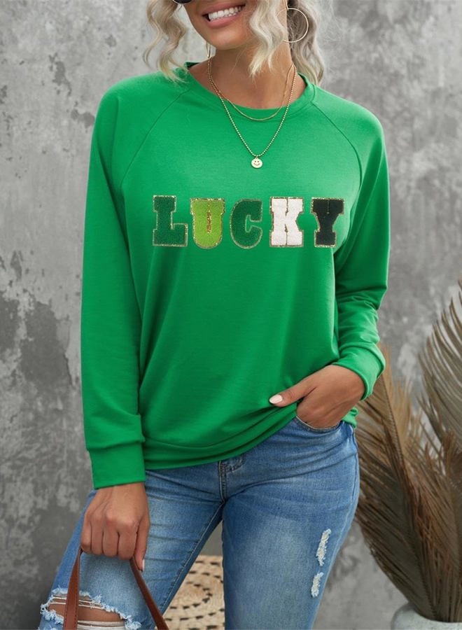 Ecosunny Women's Casual Holiday Mardi Gras Sweatshirt Sequin Print Round Neck Long Sleeve Loose Pullover Tops, St. Patrick-green, L - Image 2