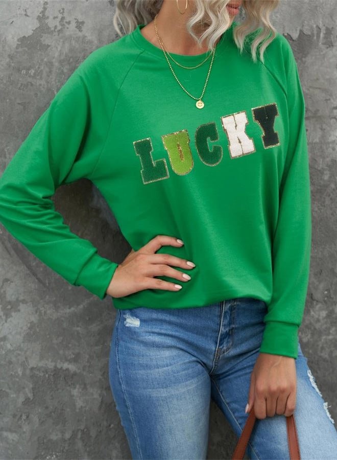 Ecosunny Women's Casual Holiday Mardi Gras Sweatshirt Sequin Print Round Neck Long Sleeve Loose Pullover Tops, St. Patrick-green, L - Image 3