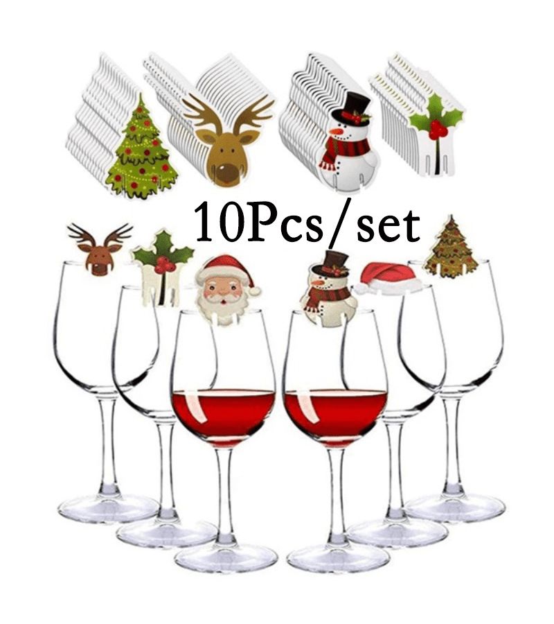 10pcs Christmas Cup Card Santa Hat Wine Glass Decor Xmas Tree Ornaments Home Party Style-4 - Image 1