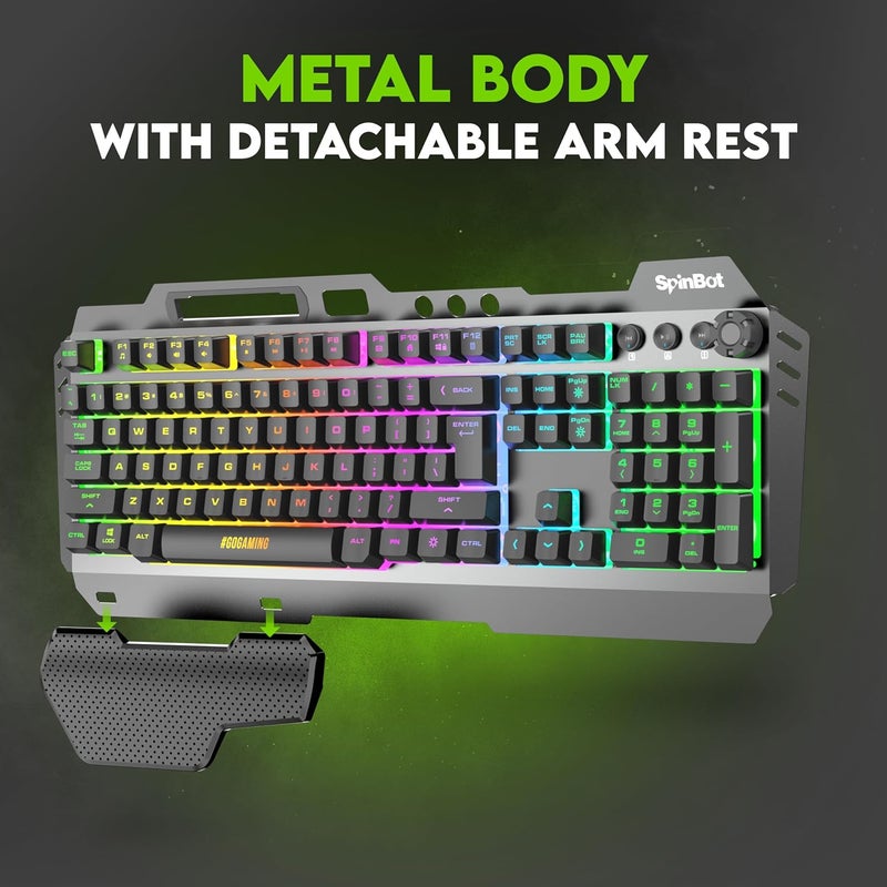 SpinBot Rage K20 LED Backlit|Metal Body|19 Anti-Ghosting Keys |Volume Control Knob| Wired USB Gaming Keyboard (Black) - Image 3