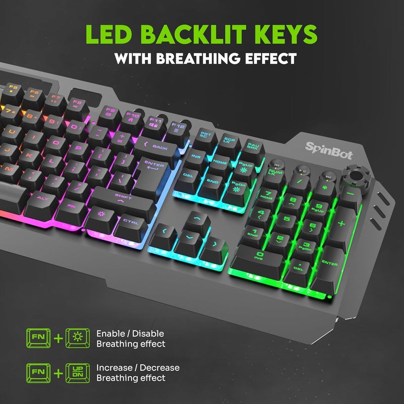 SpinBot Rage K20 LED Backlit|Metal Body|19 Anti-Ghosting Keys |Volume Control Knob| Wired USB Gaming Keyboard (Black) - Image 4